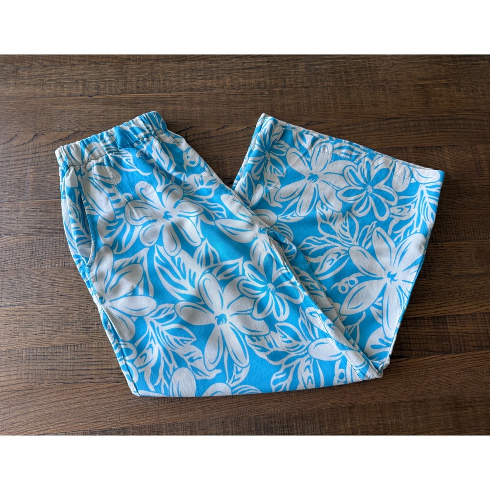Makai Beach Hawaii Blue White Tropical Floral Wide Leg Elastic Waist Pants L - Picture 7 of 9